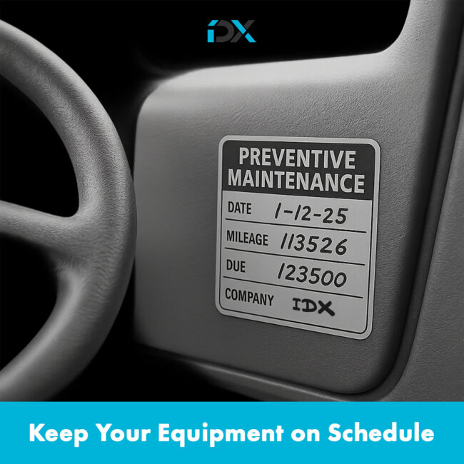 preventive-maintenance Preventive maintenance stickers applied on heavy equipment for service schedule tracking